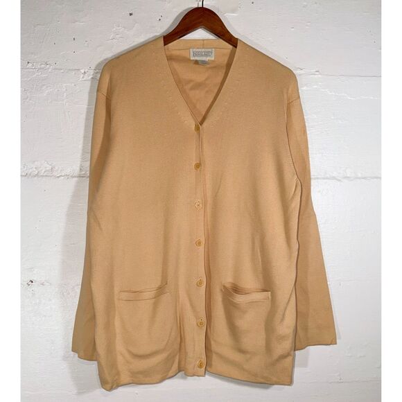 Vintage Lands’ End Tan Cotton Cardigan Button Front Pockets Women’s XL - Picture 2 of 11